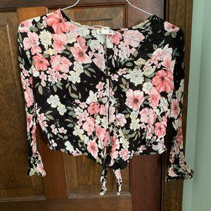 Black Floral Tie-Front 3/4 Sleeve Top